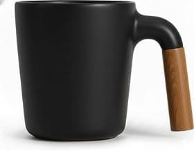 ALCOACH Mug - 12 oz Ceramic Coffee Cup with Dual Wood Handle Options, Scandinavian Inspired, High Durability, for Hot & Cold Drinks - Cloud Beech (Black)