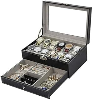 Paporich Paporich 12 Slot Watch Box Case Lockable with Glass Lid, 2 Layers Watch Holder Organizer Display with 1 Drawer for Rings and Bracelets, Gift For Boyfriend Fathers Day Birthday Gifts