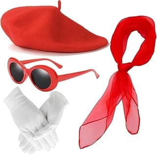 Alybrol 4 Pcs French Accessories Set, Beret Hat Scarf Gloves Sunglasses for Women, 50s French Mime Costume Kit for Women Dress Up on Parties