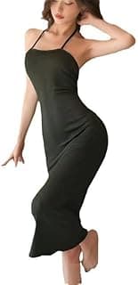 DAUZ Deep V Neck Sexy Nightwear Halter Backless Mini Dress, Sexy Women Backless Mini Dress Strappy Halter Neck Party Club Bodycon Dress