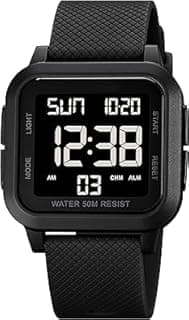 TERRIFI Unisex Digital Watch, Waterproof LED Electronic Wrist Watch for Men and Women, Square Face with Big Numbers, Alarm, Stopwatch, Countdown Timer, Dual Time, 12/24H Format, Black