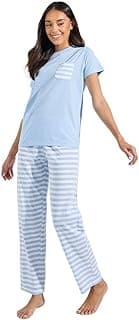 Styli Women 7004464703 Cotton Striped Pocket T-Shirt & Pyjama Set