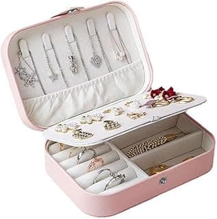Small Pink Travel Jewelry Box PU Double Layer Mini Travel Case Portable Jewelry Organizer for Earrings Rings Necklaces Bracelets
