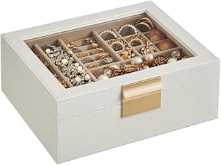 SONGMICS SONGMICS Jewelry Box with Glass Lid, 2-Layer Jewelry Organizer, Cloud White and Metallic Gold UJBC238W01
