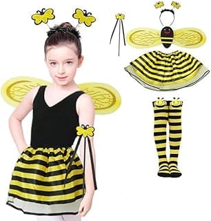 Girls 5 Piece Bee Costume with Wings, Headband, Socks,Skirt and Wand Skirt