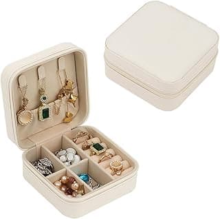 Small Jewelry Box Travel Case, PU Leather Travel Jewelry Organizer Box, Small Portable Jewellery Storage Holder for Womens Rings Earrings Necklaces Bracelets,Beige White