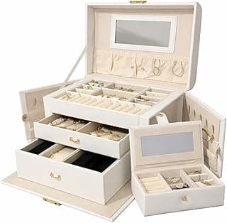 ALCOACH ALCOACH Jewelry Box with Glass Lid, 3-Layer Jewelry Organizer, 2 Drawers, 8 x 9.1 x 5.3 Inches Luxury Jewellery Box with 3 Drawers, Built-in Mirror, Multi-Compartment Storage (White)