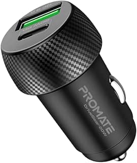 Promate USB-C Car Charger with 20W USB-C Power Delivery Port and 18W QC 3.0 USB Port, DriveGear-20W