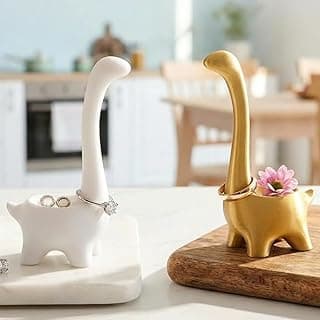 2Pcs Dinosaur Jewelry Ring Holder, Cute Ceramic Engagement Wedding Ring Stand, Unique Preppy Room Decor Organizer, Aesthetic Desktop Accessory, Bridal Shower Gift for Women (White & Gold)