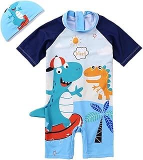 BananaHome Boys One Piece Swimsuit Toddler Swimwear Rash Guard Suits Short Sleeve Zipper Bathing Suit Beach with Hat Dinosaur Swimsuit Set