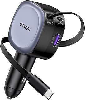 UGREEN 75W Retractable Car Charger With Built-in 60W USB C Cable 75cm, Type C Car Charger Fast Charging 3 Port Automobile Phone Charging Adapter, for iPhone 17 Series,MacBook Pro/Air,Samsung S25 Ultra