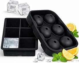 SKY-TOUCH Ice Cube Trays Silicone Set of 2, Sphere Round Ice Ball Maker and Large Square Ice Cube Mold,Black
