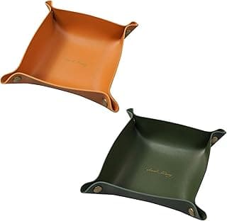 Boolygo Boolygo 2 Pack Leather Valet Tray, Folding Jewelry Cosmetic Key Coin Phone Watch Wallet EDC Tray Organizer Storage Catchall Bowl for Travel Home Office Nightstand Men Women (Green + Orange)