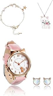Sweet seven Adorable Kids' Cat Watch and Silver Plated Jewellery Set - Includes PU Strap Watch, Cute Cat Necklace, Bracelet and Cartoon Cat Ear Clip - Perfect for Girls' Birthdays Pink