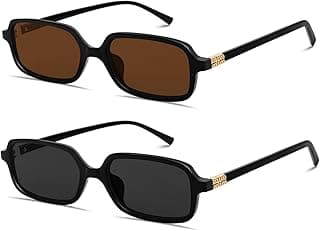 Azonee Retro Sunglasses for Women Men, Azonee 90s Small Rectangular Vintage Cute Narrow Trendy Sunnies, Pack of 2 (Black + Brown)