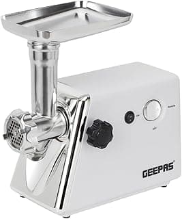 Geepas Meat Grinder 2000W – Electric Mincer with Stainless Steel Blades, Reverse Function, Copper Motor, Sausage & Kubbe Maker, Meat Mincer for Burgers, Meatballs, Kebabs – Silver/White
