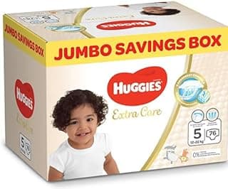 Huggies, Extra Care Baby Diapers, Size 5 (12-22 kg), Jumbo Box of 76 Diapers, Soft Pillows Absorb in Seconds, Absorbent Channels and Stretchy Waistband, 12h Day & Night Protection