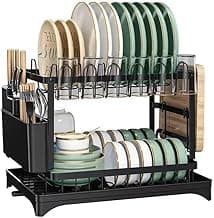 Dish Drying Rack 2 Tier Dish Rack Dish Drying Stand with Utensil Holder & Drainboard Tray & Cutting Board Holder, Large Capacity Dish Drainer Collapsible Rust-Resistant Dish Rack [Amazon Exclusive]