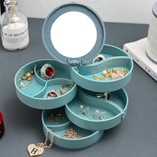 Blue Rotating Multilayer Jewelry Box Elegant Earring Storage with Necklace Stand Dustproof Compact Ideal for Delicate