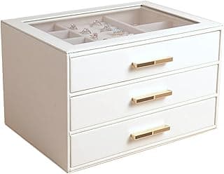 Luxury 3-Layer White PU Leather Jewelry Box with Clear Lid, Multiple Compartments, Velvet-Lined Drawers, Gold Handles for Women's Rings, Earrings, Jewelry Storage and Organization