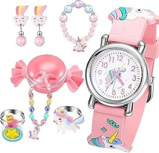 ALMEKAQUZ Kids Watches with Unicorn Jewelry Set, 3D Cartoon Waterproof Unicorn Digital Wrist Watches with Pink Unicorn Necklace Bracelet Earrings Ring, Perfect Watches Gifts for Little Girls Ages 5-7
