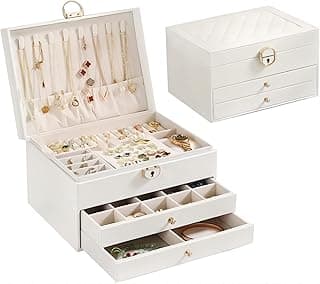 Homarket Homarket 3 Layer Jewelry Box Organizer for Women Girls Leather Jewelry Storage Box with Lock and Removable Tray for Necklace Earrings Rings and Bracelets (White)