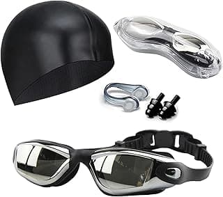 ToolHouse Waterproof Swimming Goggles Set for Adults - High-Definition Anti-Fog Swim Goggles with Wide View Lens, Includes Swimming Cap, Nose Plugs, Ear Plugs for Men & Women