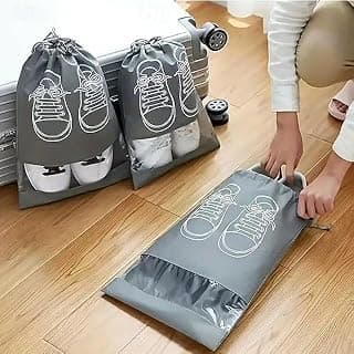 10-Pack Travel Shoe Storage Bags, Non-Woven Dustproof Shoe Organizers with Drawstring Closure, Transparent Window and White Shoe Print, black, 36 * 27, Modern Style