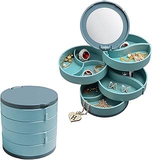 Rotating Jewelry Box Large Capacity with Mirror, 4-Layer Rotating Travel Jewelry Tray Case with Lid for Rings Bracelets(Blue)