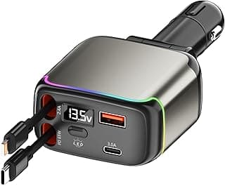 XXZU 137W Retractable Car Charger, 65W USB C Fast Charging with Dual Retractable Cables, 2 Charging Ports, Voltage Display, Cigarette Lighter, 4-in-1Car Charger Adapter for iPhone/Android/iPad/Laptop