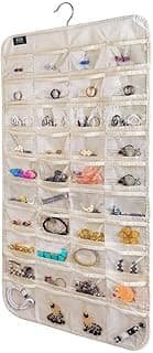 HLSAT Hanging Jewelry Organizer Storage Roll, Accessories Organizer,80 Pocket Organizer for Earrings, Necklaces, Rings on Closet, Wall, Door (Beige)