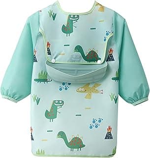 ECVV Long Sleeve Baby Bibs, Mess Proof Infant Feeding Bibs with Food Catcher, Waterproof Cute Cartoon Pattern Baby Smocks Eating Bib for 12-36 Months Toddlers (Height: 90-110cm)