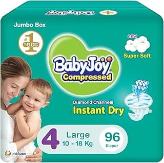 Babyjoy Compressed Diamond Pad, Size 4, Large, 10-18 Kg, Jumbo Box, 96 Diapers