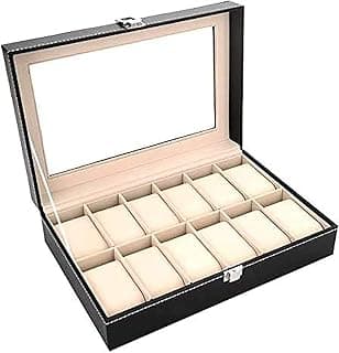 PADOM Padom PU Leather Watch Box, Watch Holder, Watch Organizer with Glass Lid, Watch Case with Removable Watch Pillow, Velvet Lining, Metal Clasp, Watch Display (12 Slot)