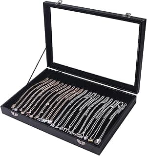 ByKen Jewelry Glass lid 20 hooks necklace organizer box,necklace tray,necklace display box,chains showcase storage boxes for show stackable (black velvet)