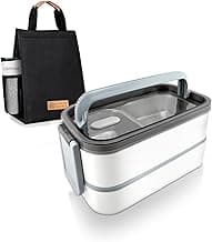 Stainless Steel Lunch Box: 1400ml Double Layer Microwave-Safe Bento Box- 304 Leakproof Bento Box- Thermal Insulation Detachable- for Adults Students Office School- with Thermal Bag & Cutlery