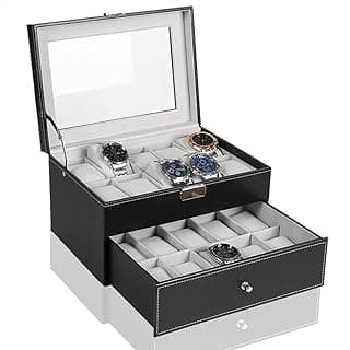 20 Slot Watch Box with Secure Lock, 2 Tier PU Leather Watch Organizer Box with Glass Lid, PU Leather Watch Storage Case