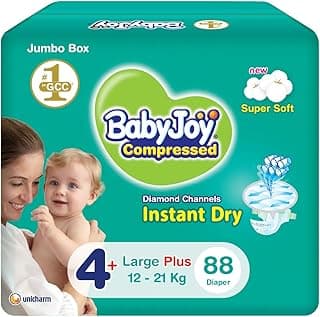 Babyjoy Compressed Diamond Pad, Size 4+, Large+, 12-21 Kg, Jumbo Box, 88 Diapers