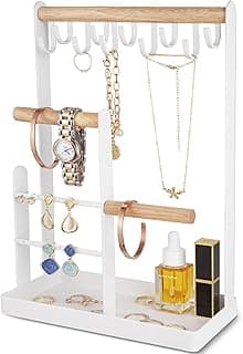 ProCase ProCase Jewelry Stand Necklace Holder, 4-Tier Jewelry Tower Rack with Earring Tray and Holes, 10 Hooks Necklaces Hanging Storage Tree Display Organizer for Bracelets Watches Earrings Rings -White