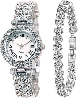 Balacoo 2pcs Rhinestone Watch Set Shiny Quartz Crystal Wrist Watch Luxury Diamond Shining Bling Watches with Stainless Steel Bracelet Gift for Women Girls Birthday (Silver)
