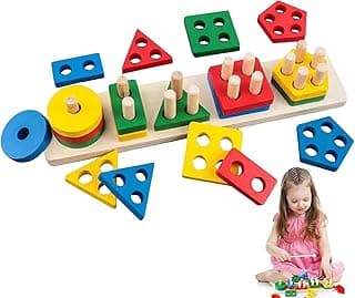 SKY-TOUCH Wooden Sorting & Stacking Toy, Geometric Shape and Color Recognition Puzzle with Lacing String, Educational Learning Game for Toddlers, Multi-Color, 11.4x2.6 inches