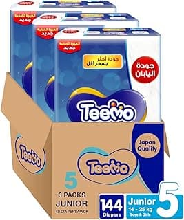 Teemo Compressed Diamond Pad, Size 5, Junior, 14-25 Kg, Mega Box, 144 Diapers
