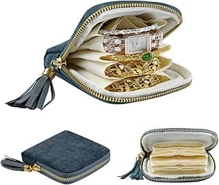 KASTWAVE Travel Jewelry Organizer Pouch, Velvet Jewelry Storage Bag with Zipper, 6 Compartments for Bracelets Rings Earrings, Tassel Decor, Peacock Blue, 1 Piece