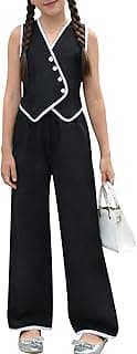 Ecolala Girls 2 Piece Outfits Elegant V Neck Sleeveless Button Up Vest and Wide Leg Pant Suit