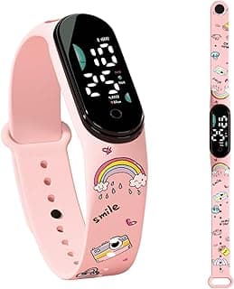 Cliuytto Kids Digital Watch with Touch Screen, Pink Band with Rainbow Design, LED Display, Time Date Clock Functions, 24.5cm Length, Girls Fashion Wristband