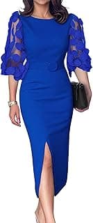 CHICME Bodycon Midi Dress for Women 2025 Mesh Puff Sleeve Slit Cocktail Work Pencil Dresses with Belt