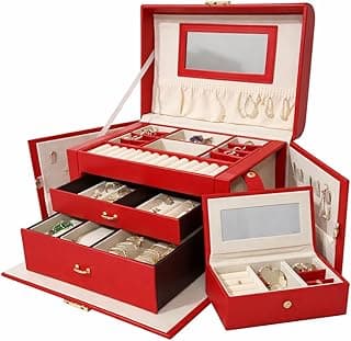 ALCOACH ALCOACH Jewelry Box with Glass Lid, 3-Layer Jewelry Organizer, 2 Drawers, 8 x 9.1 x 5.3 Inches Luxury Jewellery Box with 3 Drawers, Built-in Mirror, Multi-Compartment Storage (Red)