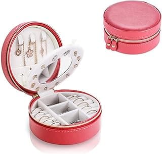 KASTWAVE KASTWAVE Jewelry Travel Organizer Box PU Leather Small Portable Jewelry Storage Case with Removable Strap for Rings Earrings Necklaces (Pink/Round)