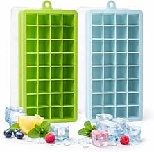 SKY-TOUCH 2-Pack Food Grade Silicone Ice Cube Cubes with Lids for Freezer, Easy-to-Remove 24 Cube Cubes for Party, Drinks and Frozen Liquids (Blue and Green)