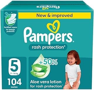 Pampers Rash Protection, Taped Diapers, Size 5, 11-16 kg, Giant Box, 104 Diapers